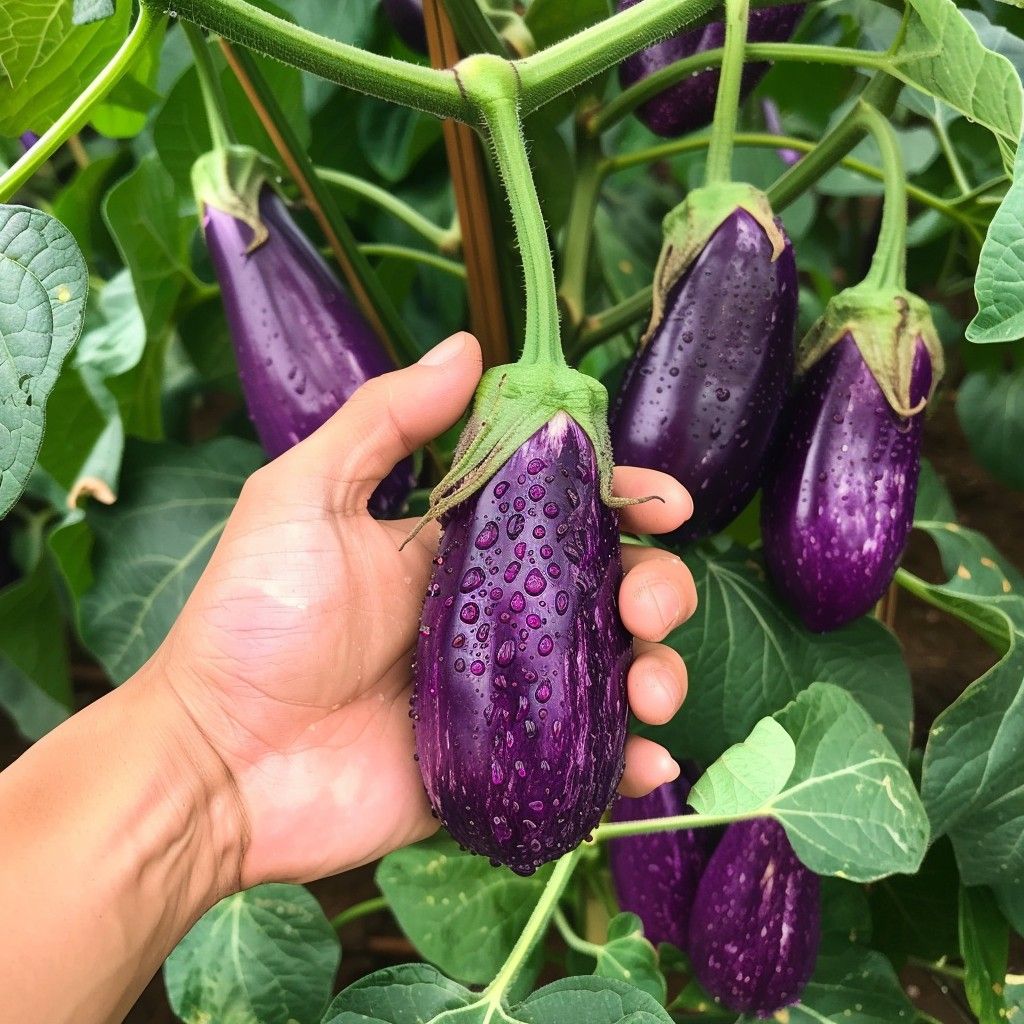 mano che raccoglie le melanzane nell'orto di Mama Giò vendita prodotti naturali coltivati a km0 Mosciano Sant'Angelo di Teramo in Abruzzo