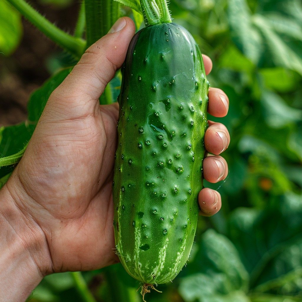 mano che raccoglie il cetriolo nell'orto di Mama Giò vendita prodotti naturali coltivati a km0 Mosciano Sant'Angelo di Teramo in Abruzzo