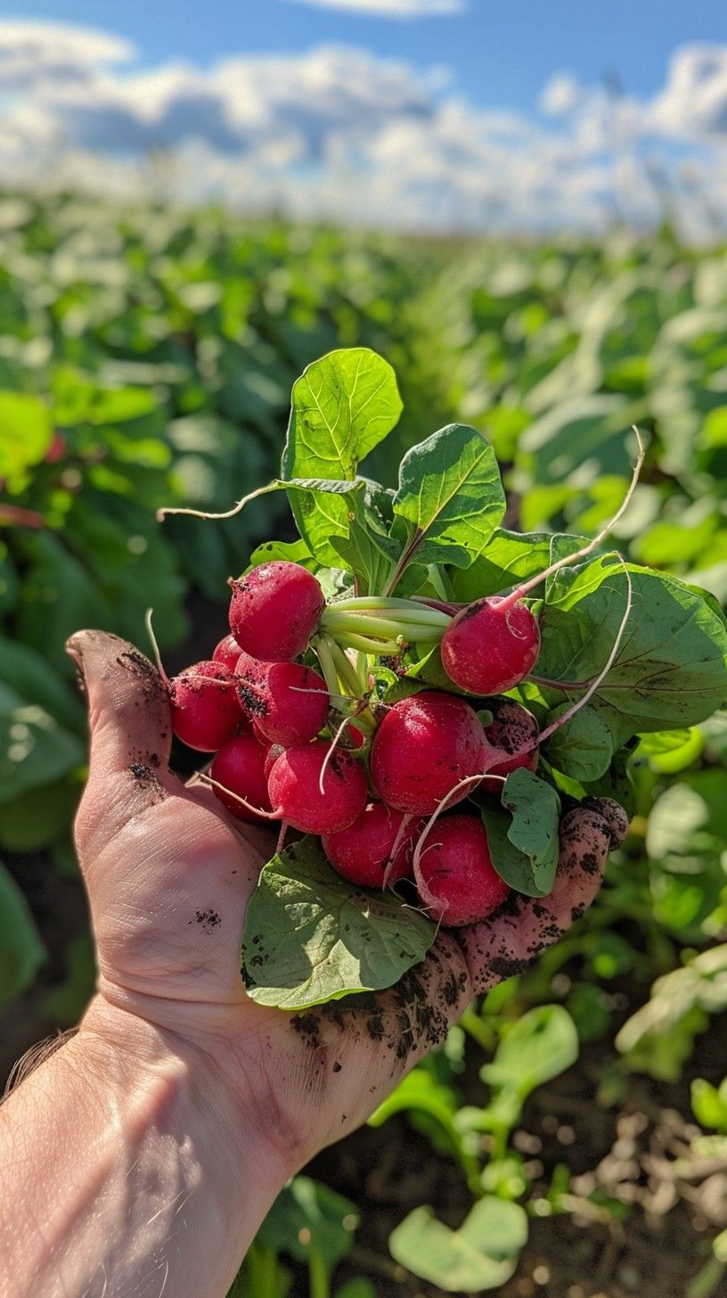 mano che raccoglie i ravanelli nell'orto di Mama Giò vendita prodotti naturali coltivati a km0 Mosciano Sant'Angelo di Teramo in Abruzzo